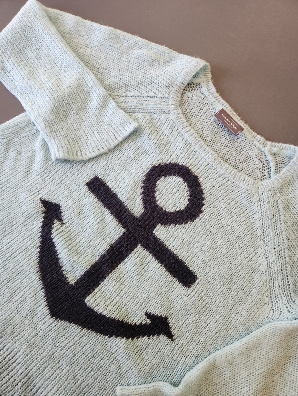 Wooden Ships Mint Green Crewneck Sweater with Black Anchor